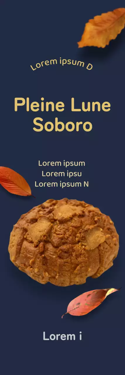 Promouvoir un menu de boulangerie automnal avec des feuilles mortes en photoréalisme sur un fond bleu marine