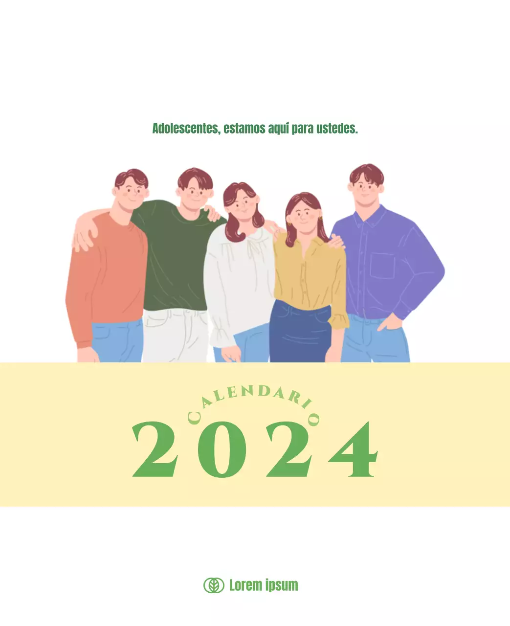 Calendario con ilustraciones juveniles sobre fondo amarillo y verde