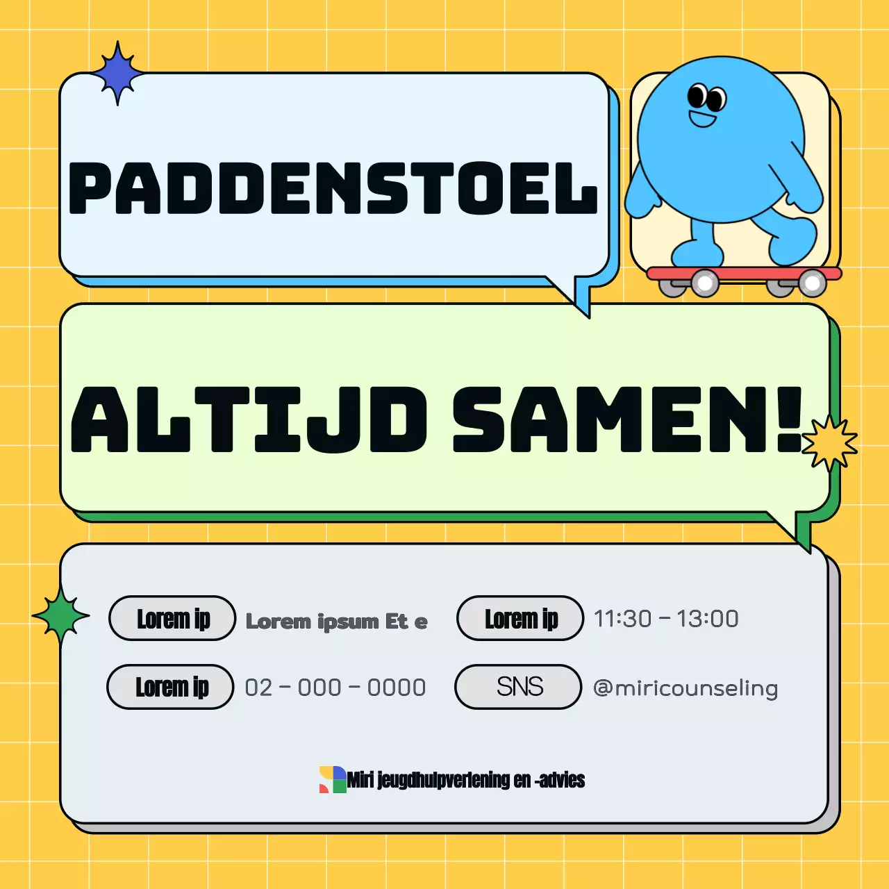 Een eenvoudig geel en lichtblauw jeugdcentrum promoten