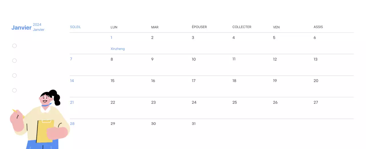 Calendrier de motivation avec des illustrations énergiques et des citations positives sur un fond bleu clair