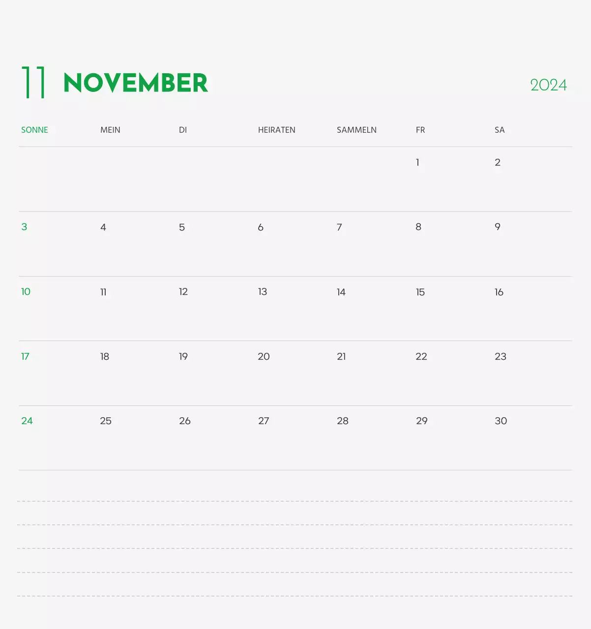 Ein Kalender mit dem Bild eines Welpen und einer niedlichen Botschaft in grünen Akzenten