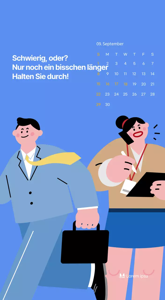 Motivationskalender mit energiegeladenen Illustrationen und positiven Zitaten auf hellblauem Hintergrund