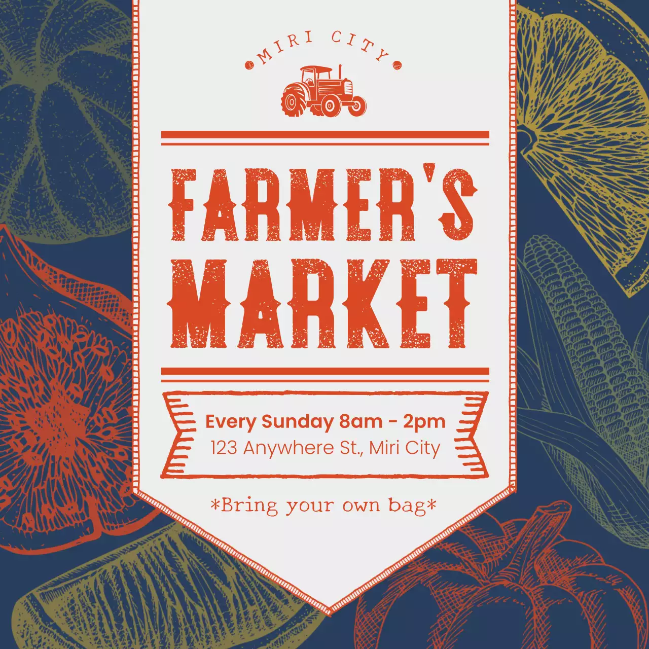 남색과 주황색의 빈티지한 파머스마켓 홍보