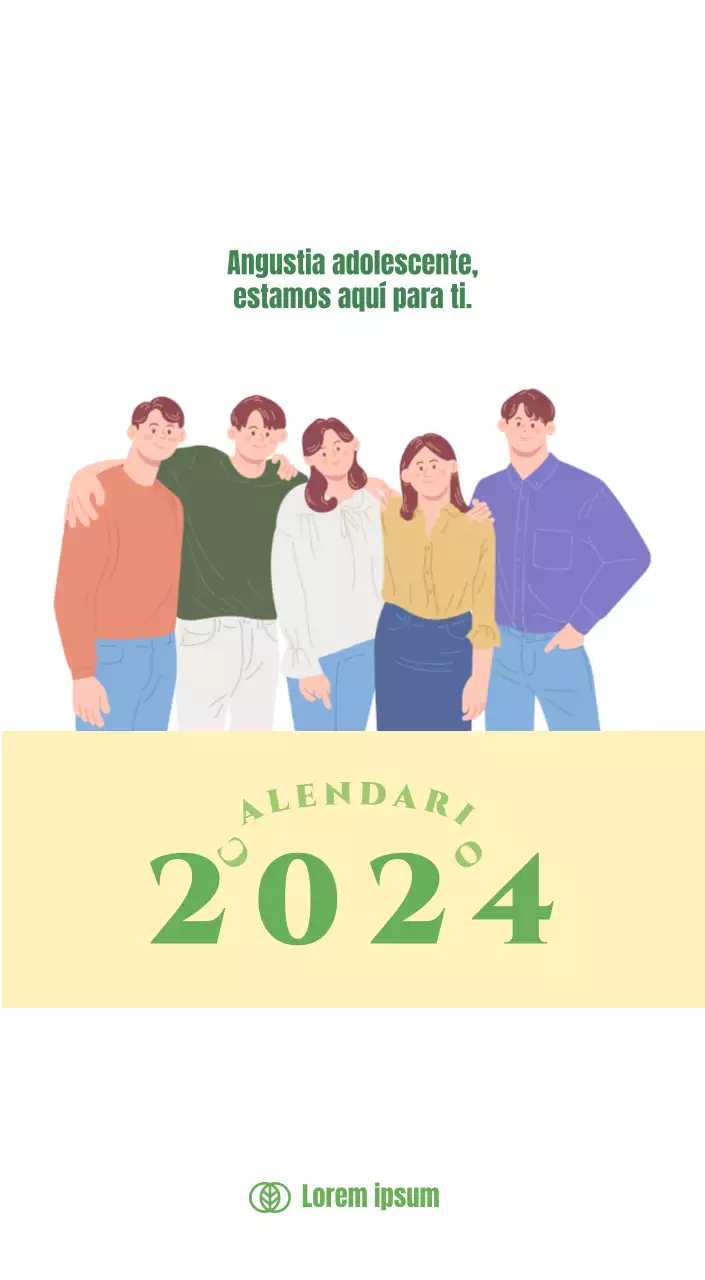 Calendario con ilustraciones juveniles sobre fondo amarillo y verde
