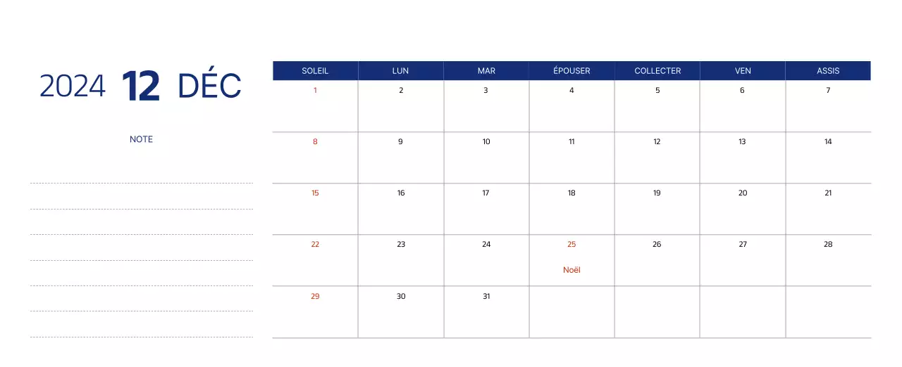 Calendrier simple avec des illustrations épurées en bleu