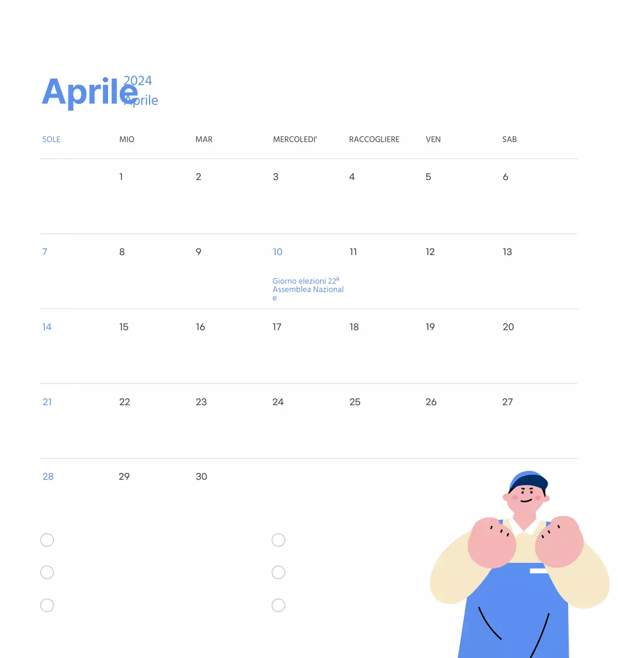 Calendario motivazionale con illustrazioni energetiche e citazioni positive su sfondo azzurro