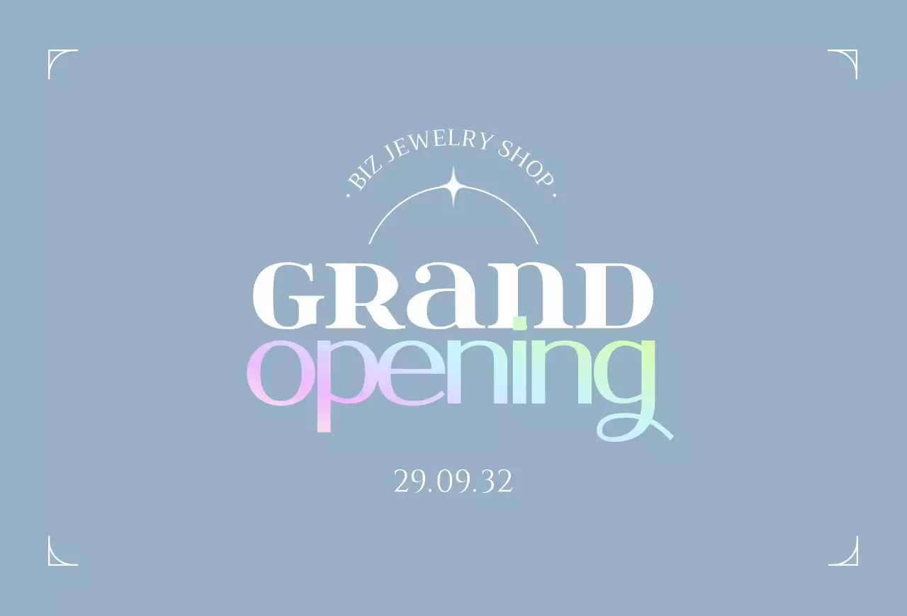 Promotional postcard for a jewelry store grand opening in light blue tones