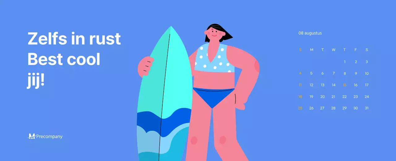 Motiverende kalender met energieke illustraties en positieve citaten op een lichtblauwe achtergrond