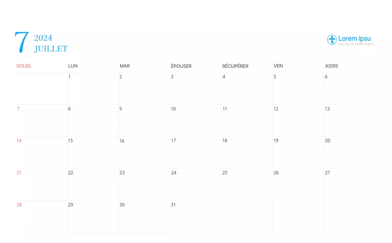 Calendrier d'église moderne bleu