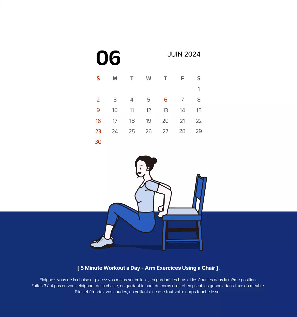 Calendrier simple avec des illustrations épurées en bleu