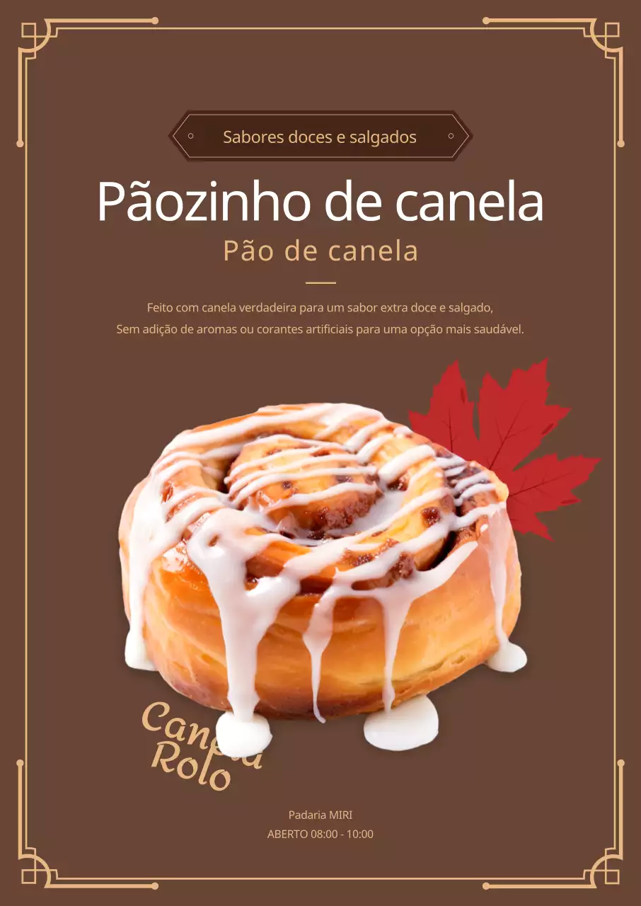 Promoção de uma padaria com pãezinhos de canela e folhas a cair sobre um fundo castanho