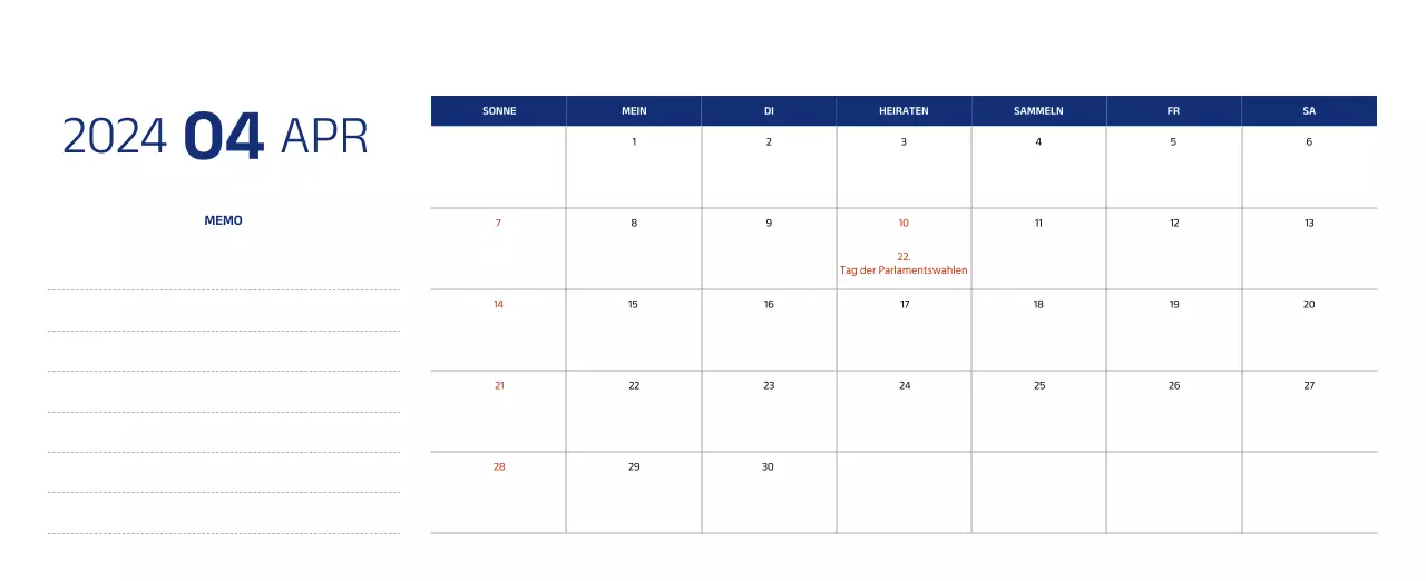 Einfacher Kalender mit klaren Illustrationen in Blau