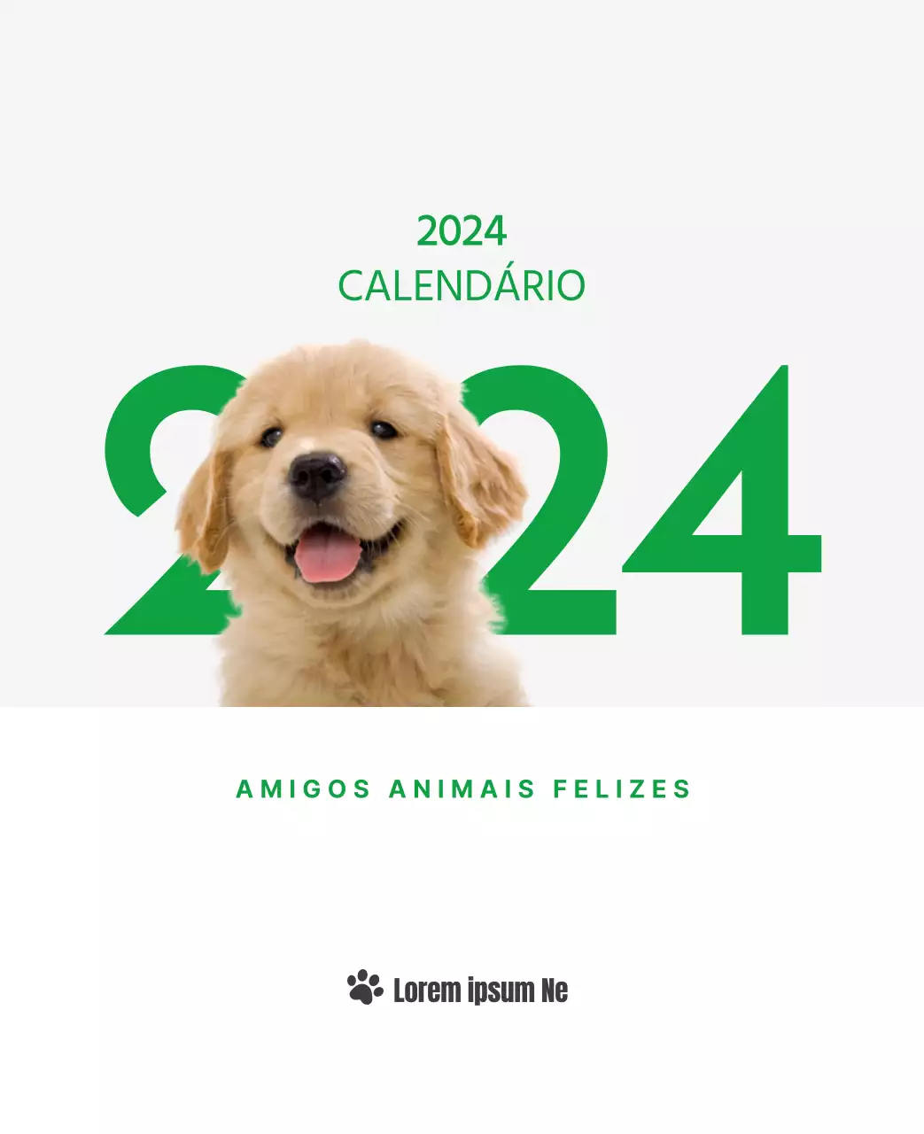 Um calendário com a imagem de um cachorrinho e uma mensagem bonita em tons de verde