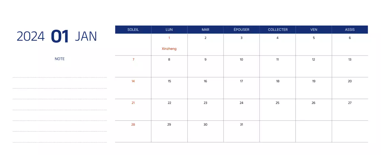 Calendrier simple avec des illustrations épurées en bleu