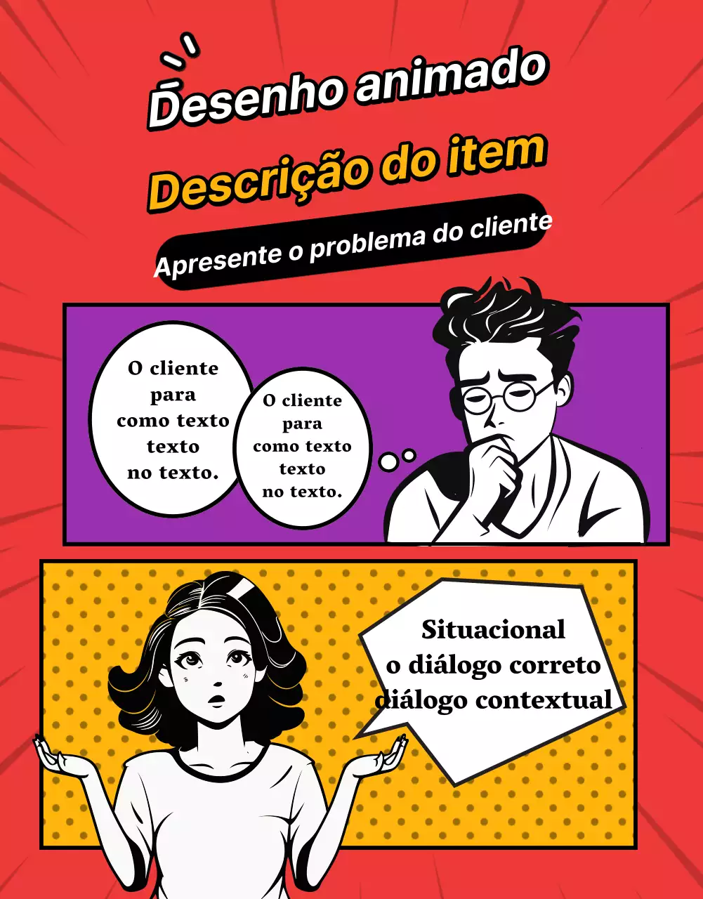 Um argumento de venda de um produto de banda desenhada retro com cores vermelhas e arco-íris