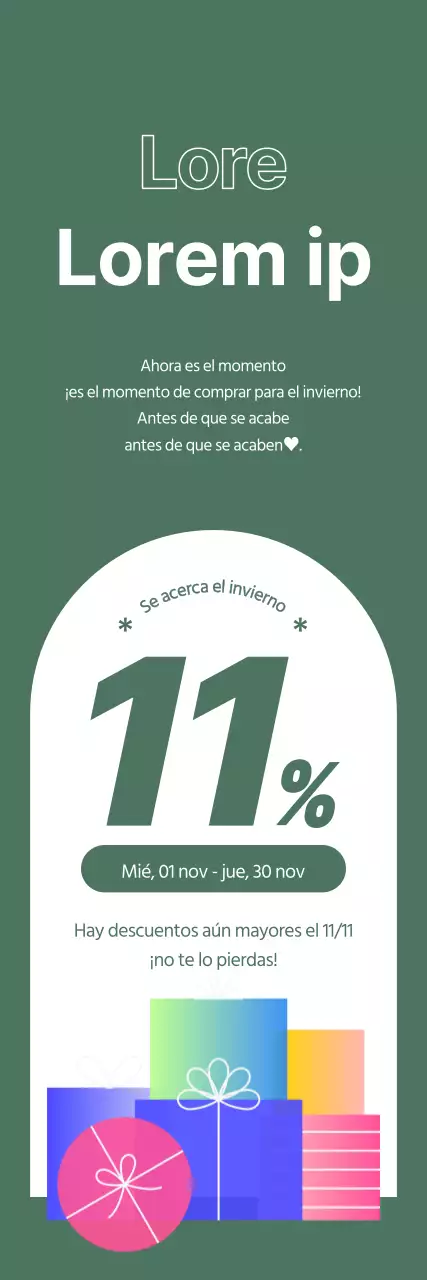 11% de descuento evento resaltado en contraste blanco sobre fondo verde