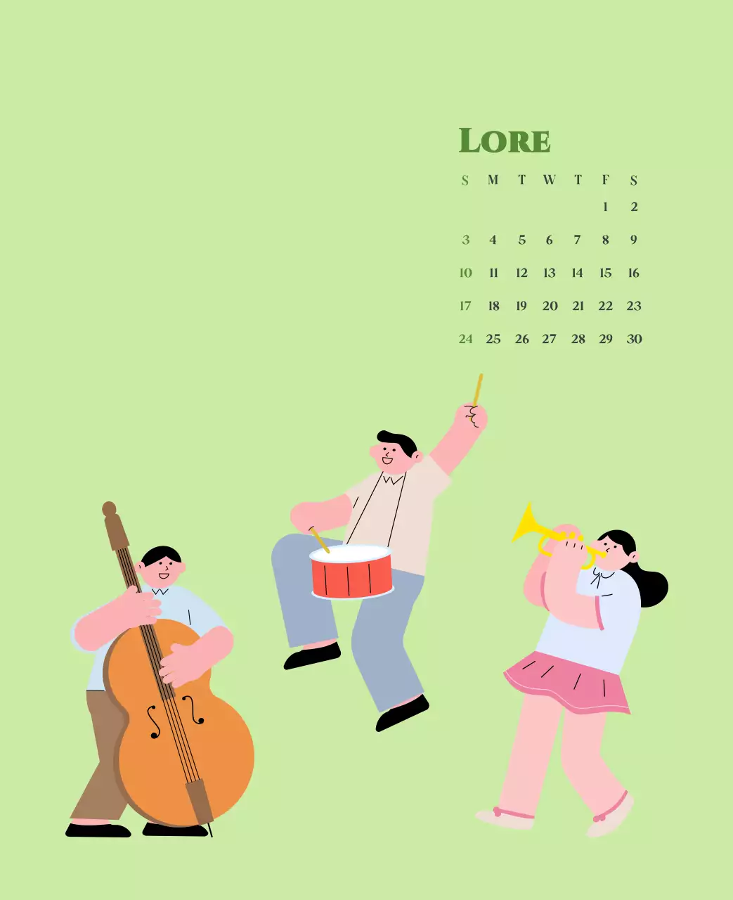 Kalender mit Jugendillustrationen auf gelbem und grünem Hintergrund