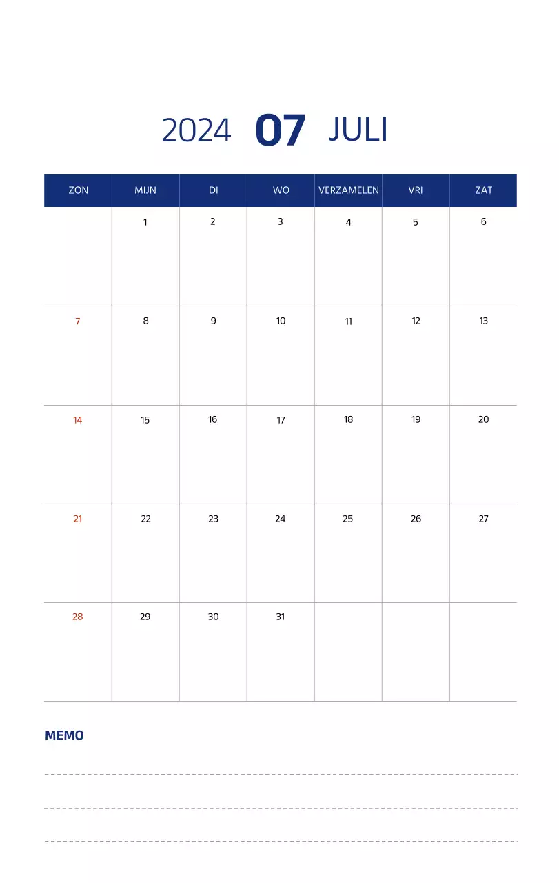 Eenvoudige kalender met strakke illustraties in blauw