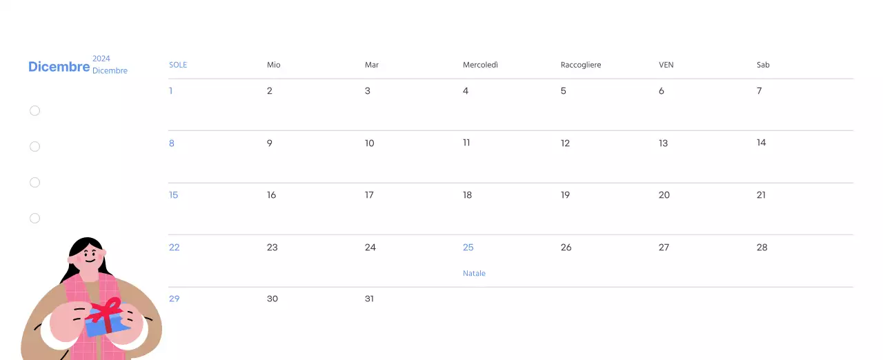 Calendario motivazionale con illustrazioni energetiche e citazioni positive su sfondo azzurro