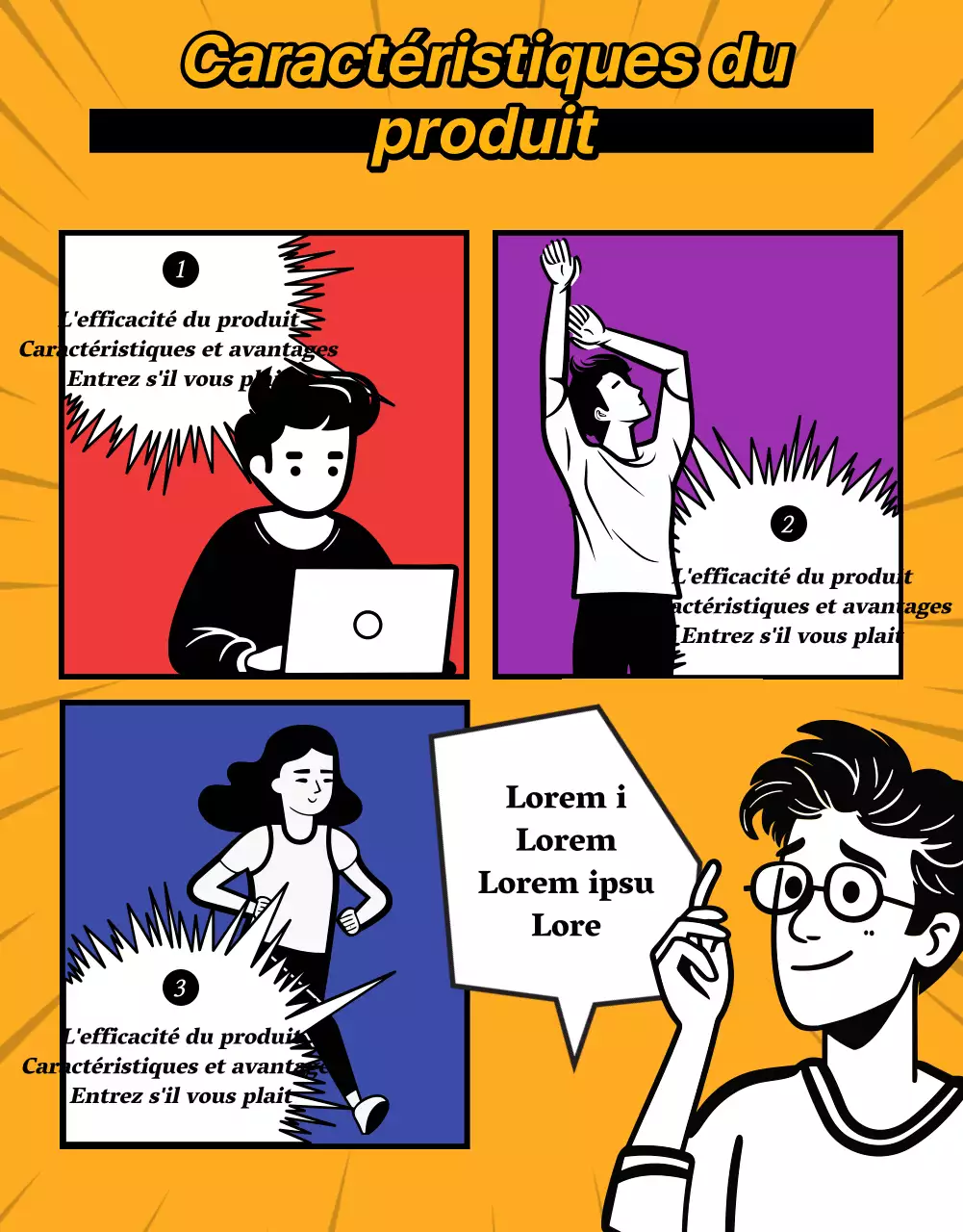 Une présentation de produit en dessin animé rétro aux couleurs rouge et arc-en-ciel