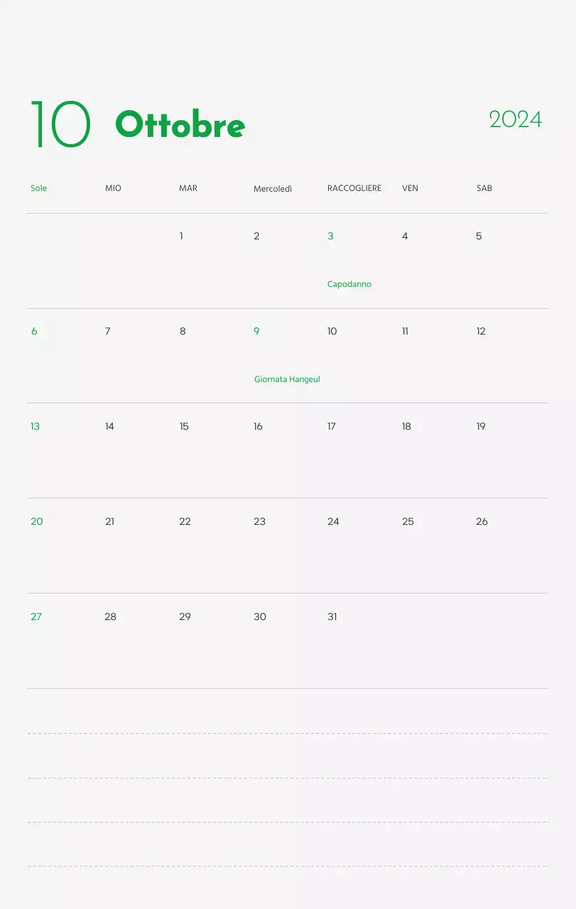 Un calendario con l'immagine di un cucciolo e un simpatico messaggio in verde.
