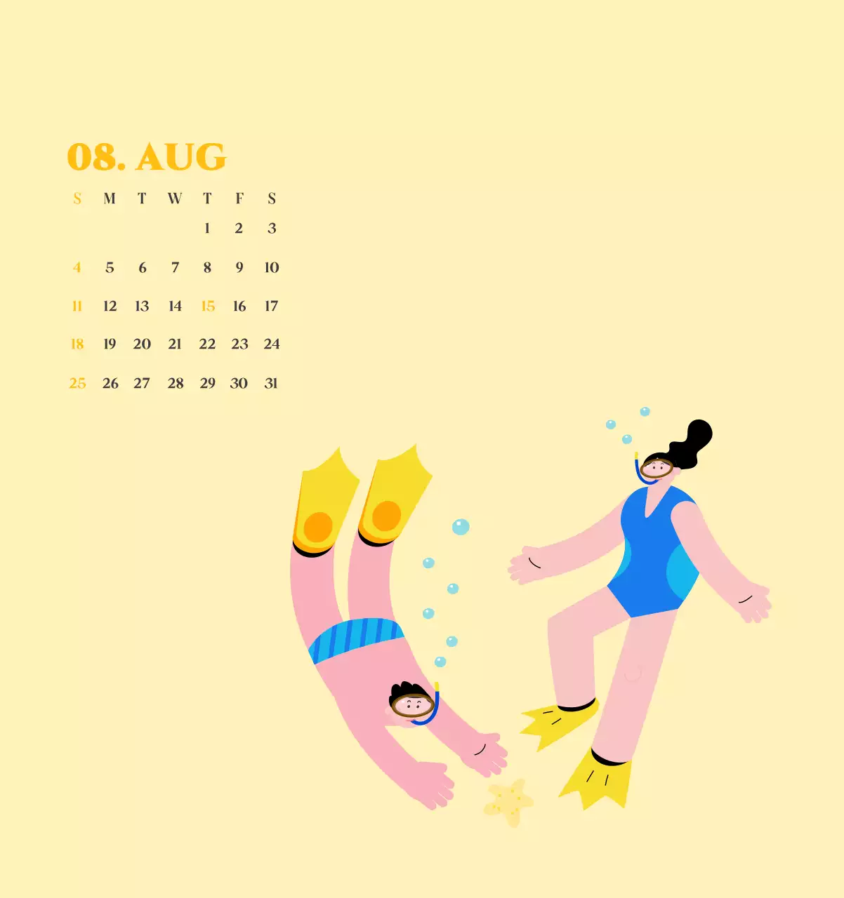 Kalender mit Jugendillustrationen auf gelbem und grünem Hintergrund