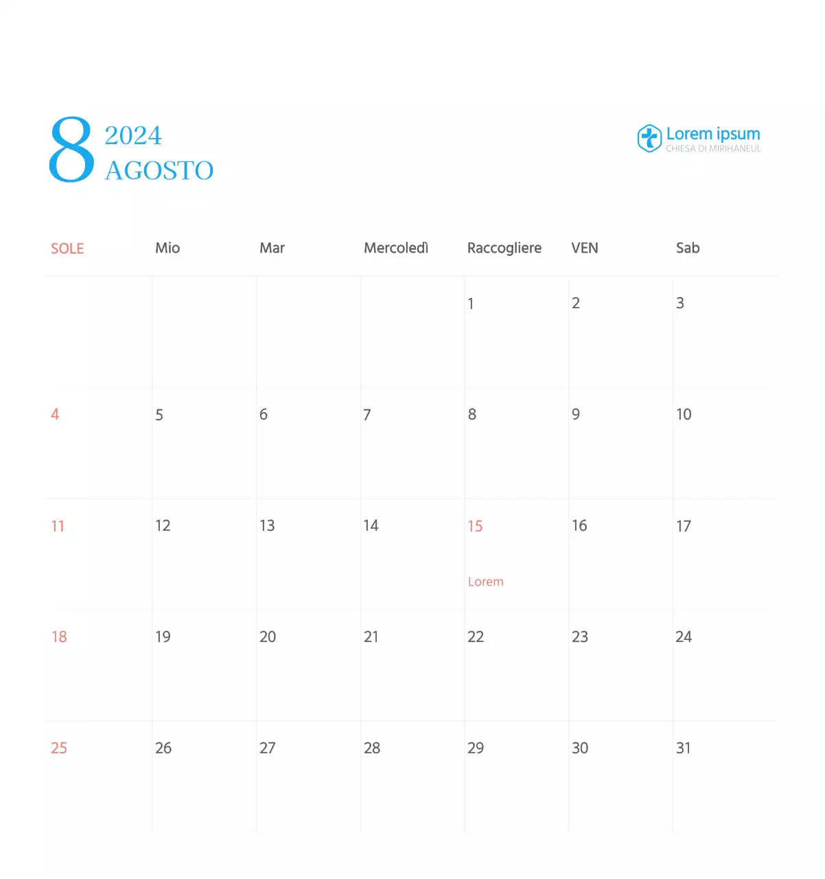 Calendario ecclesiastico blu di concezione moderna