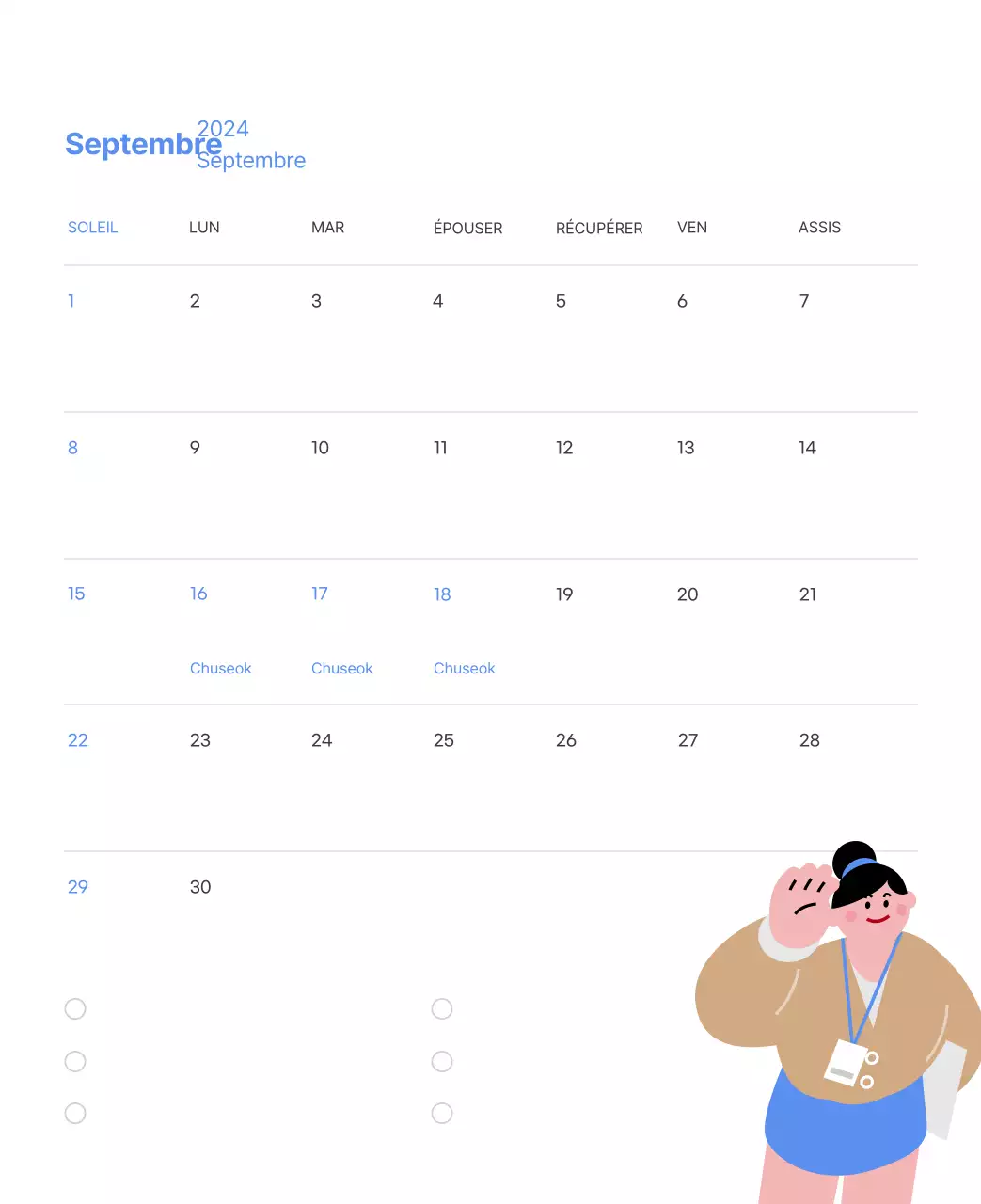 Calendrier de motivation avec des illustrations énergiques et des citations positives sur un fond bleu clair