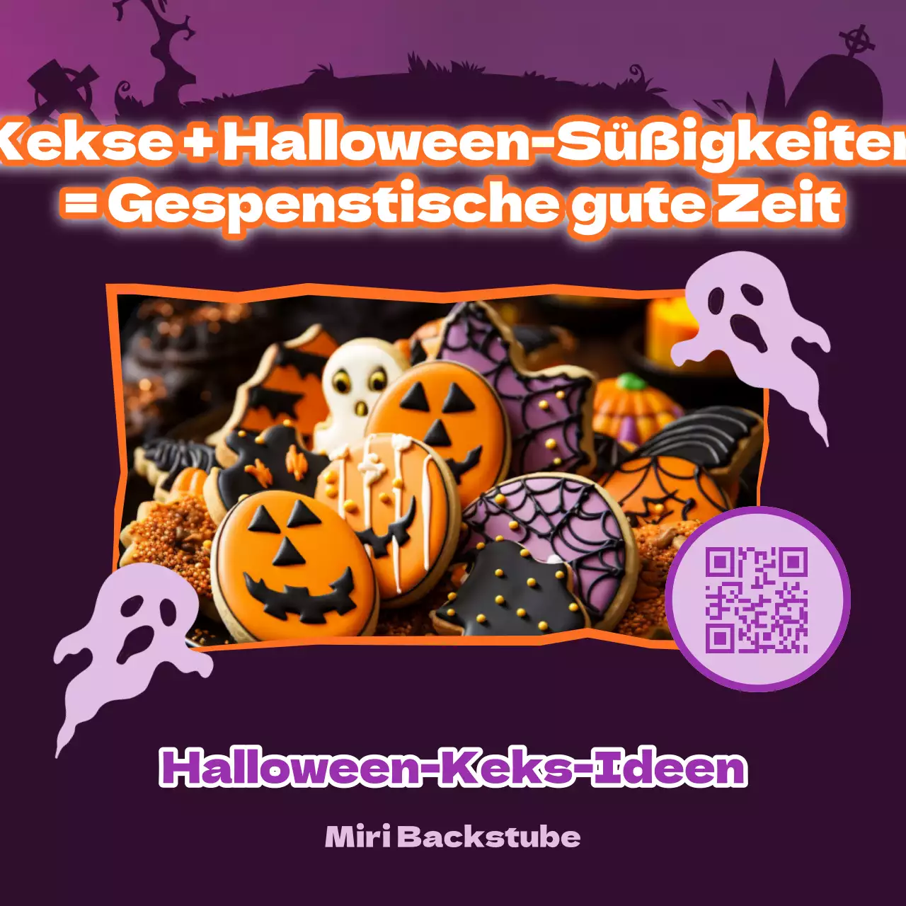 Werbung für kitschige Halloween-Kekse in Lila und Schwarz