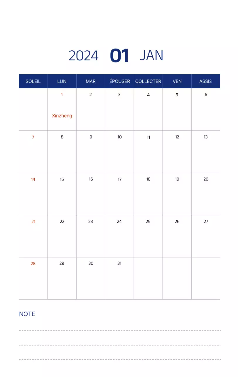 Calendrier simple avec des illustrations épurées en bleu