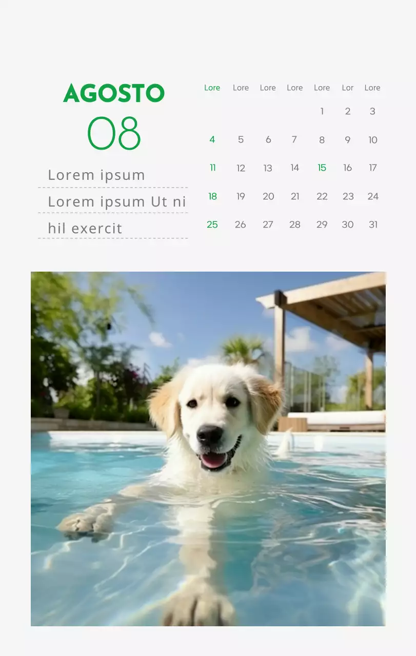 Un calendario con la imagen de un cachorro y un bonito mensaje en tonos verdes.