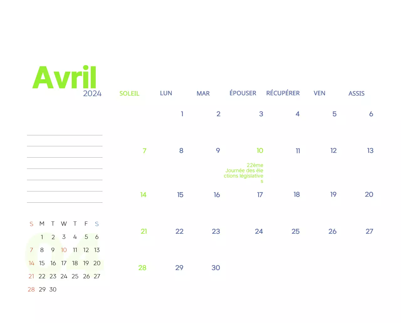 Calendrier de travail avec de belles illustrations