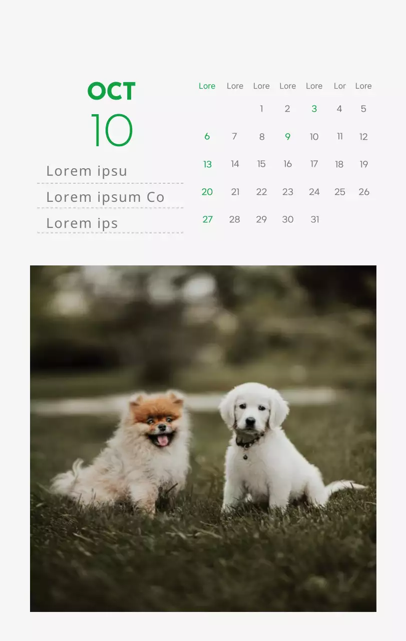 Un calendrier avec la photo d'un chiot et un message mignon aux accents verts.
