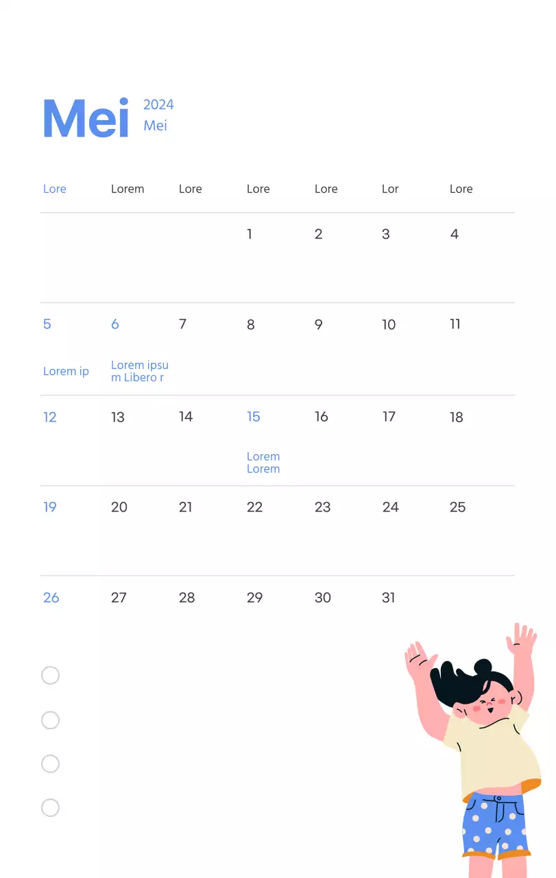 Motiverende kalender met energieke illustraties en positieve citaten op een lichtblauwe achtergrond