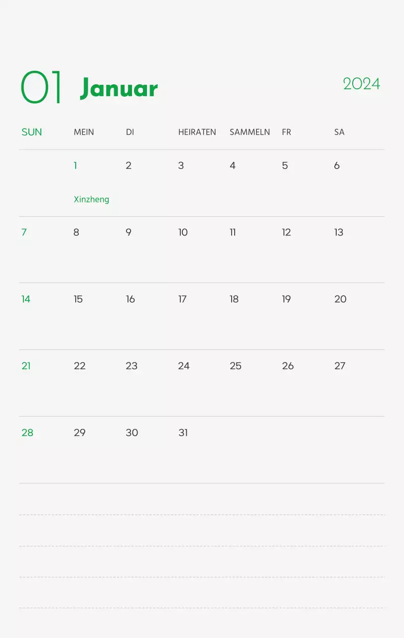 Ein Kalender mit einem Bild eines Welpen und einer niedlichen Botschaft in grünen Akzenten