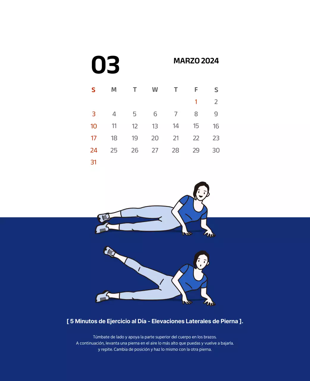 Calendario sencillo con ilustraciones limpias en azul