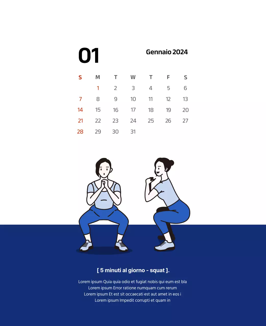 Calendario semplice con illustrazioni pulite in blu