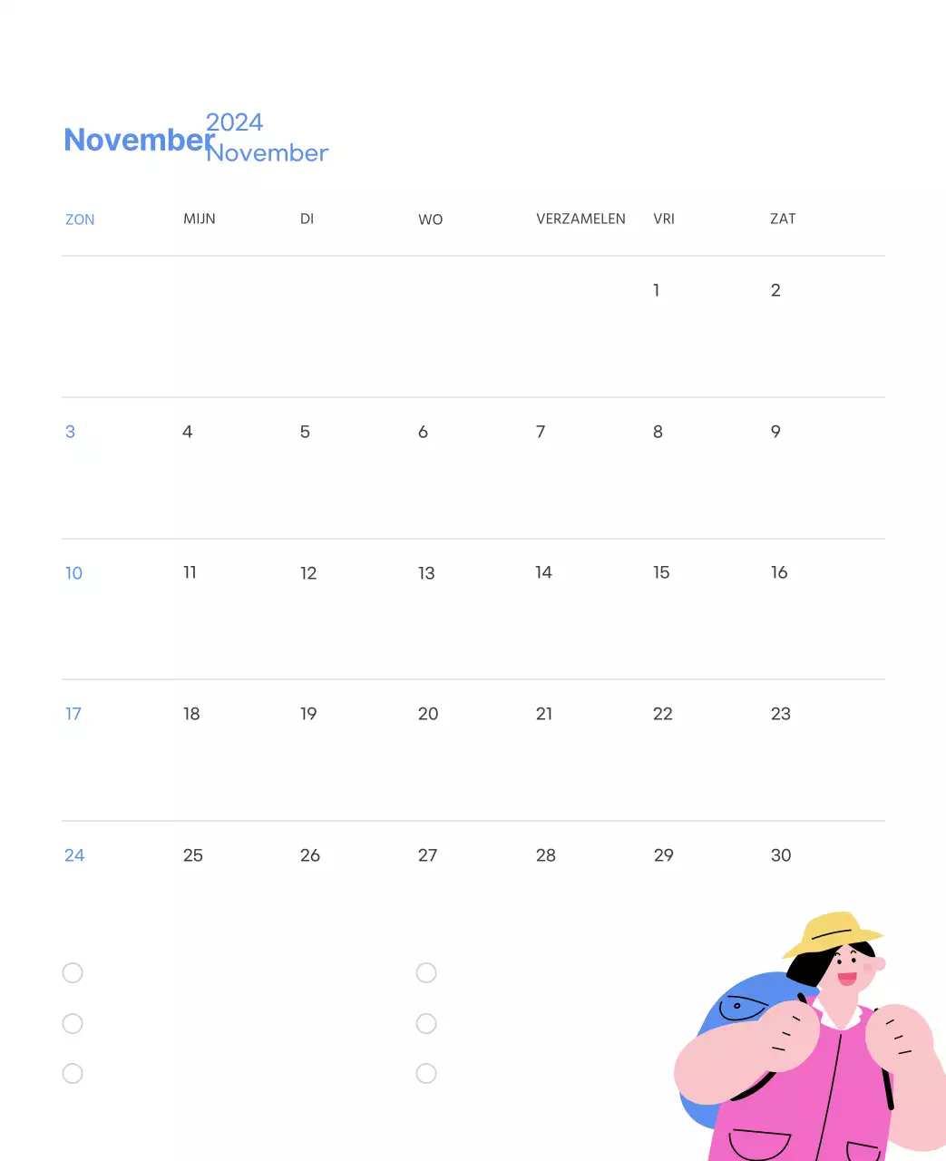 Motiverende kalender met energieke illustraties en positieve citaten op een lichtblauwe achtergrond