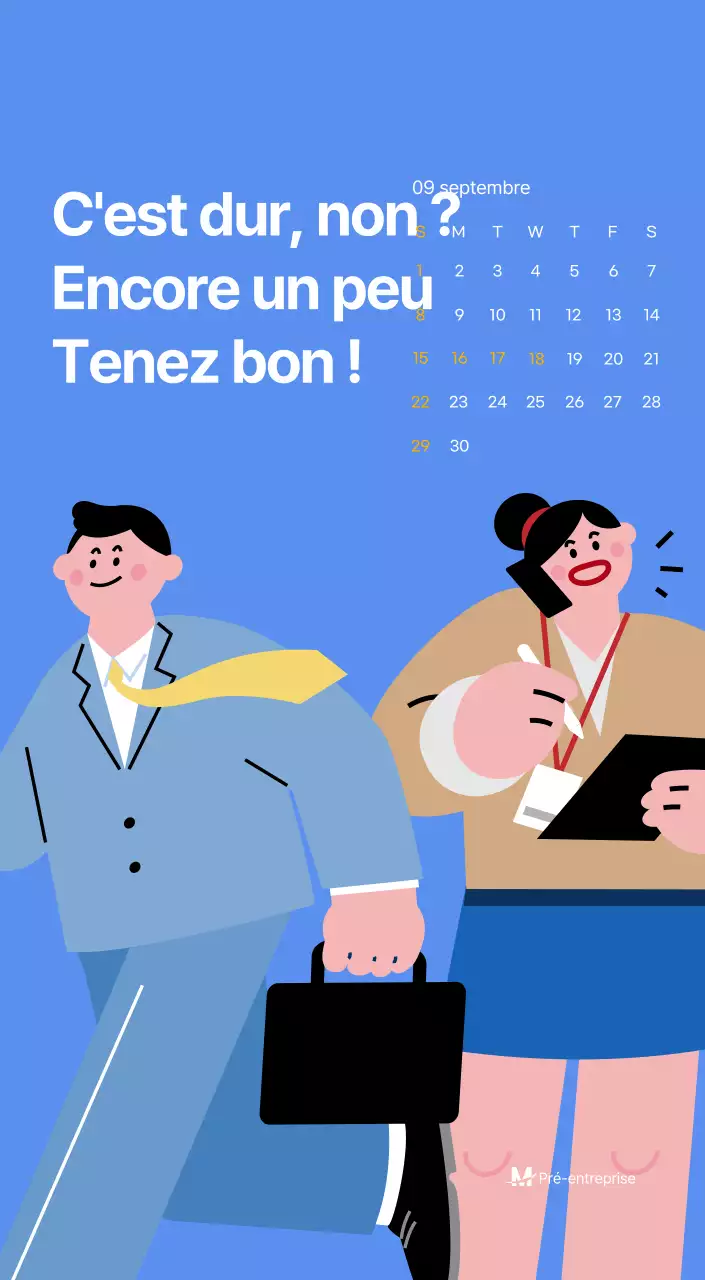 Calendrier de motivation avec des illustrations énergiques et des citations positives sur un fond bleu clair