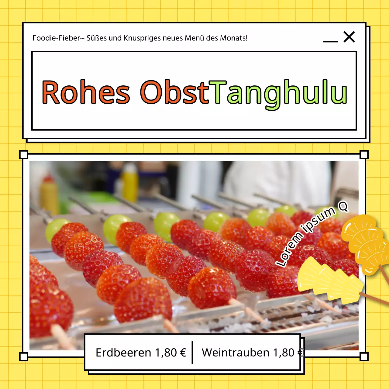 Einfache Tanghuru-Anzeige für frisches Obst in Gelb und Rot