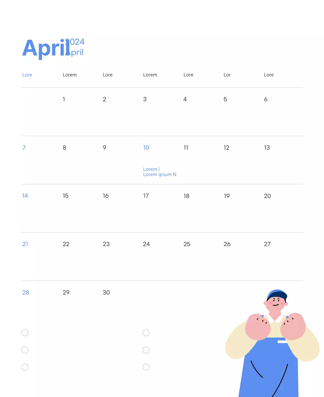 Motiverende kalender met energieke illustraties en positieve citaten op een lichtblauwe achtergrond