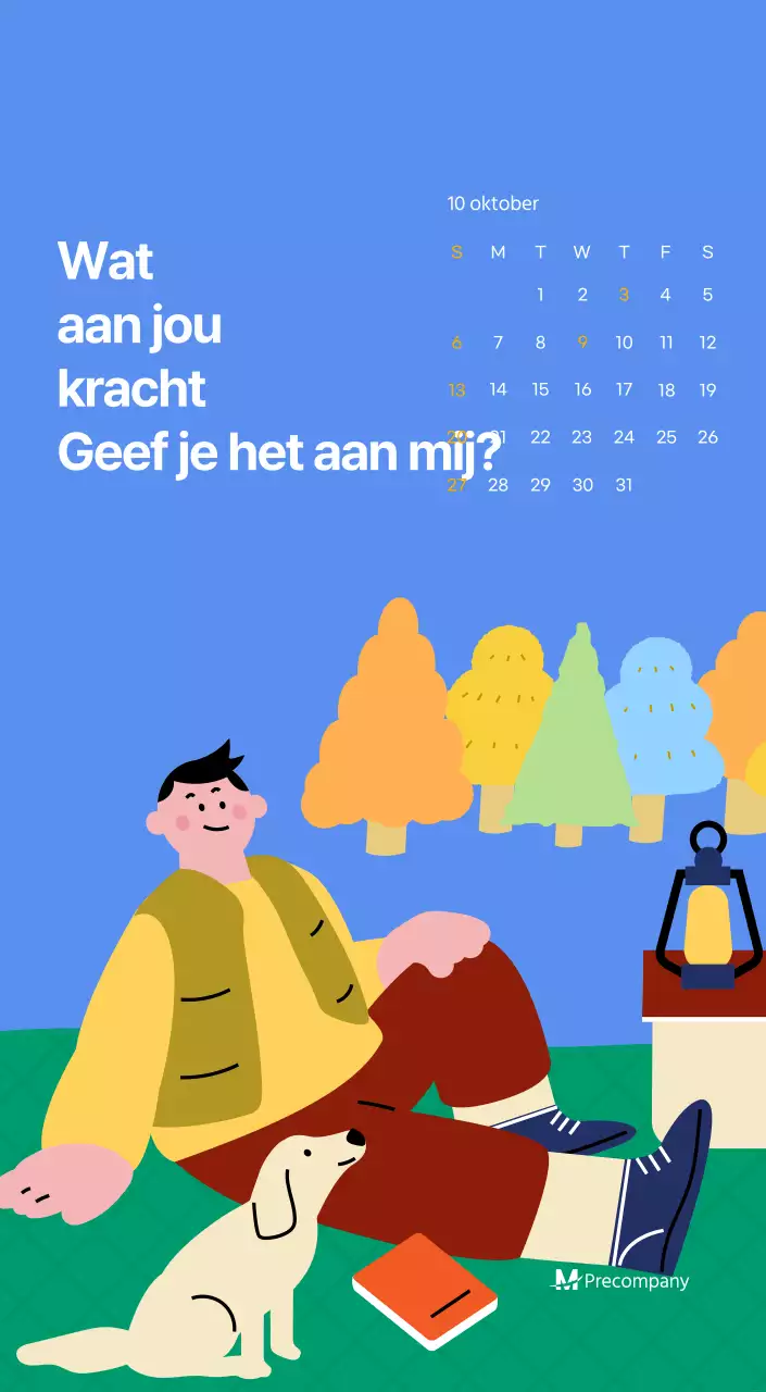 Motiverende kalender met energieke illustraties en positieve citaten op een lichtblauwe achtergrond