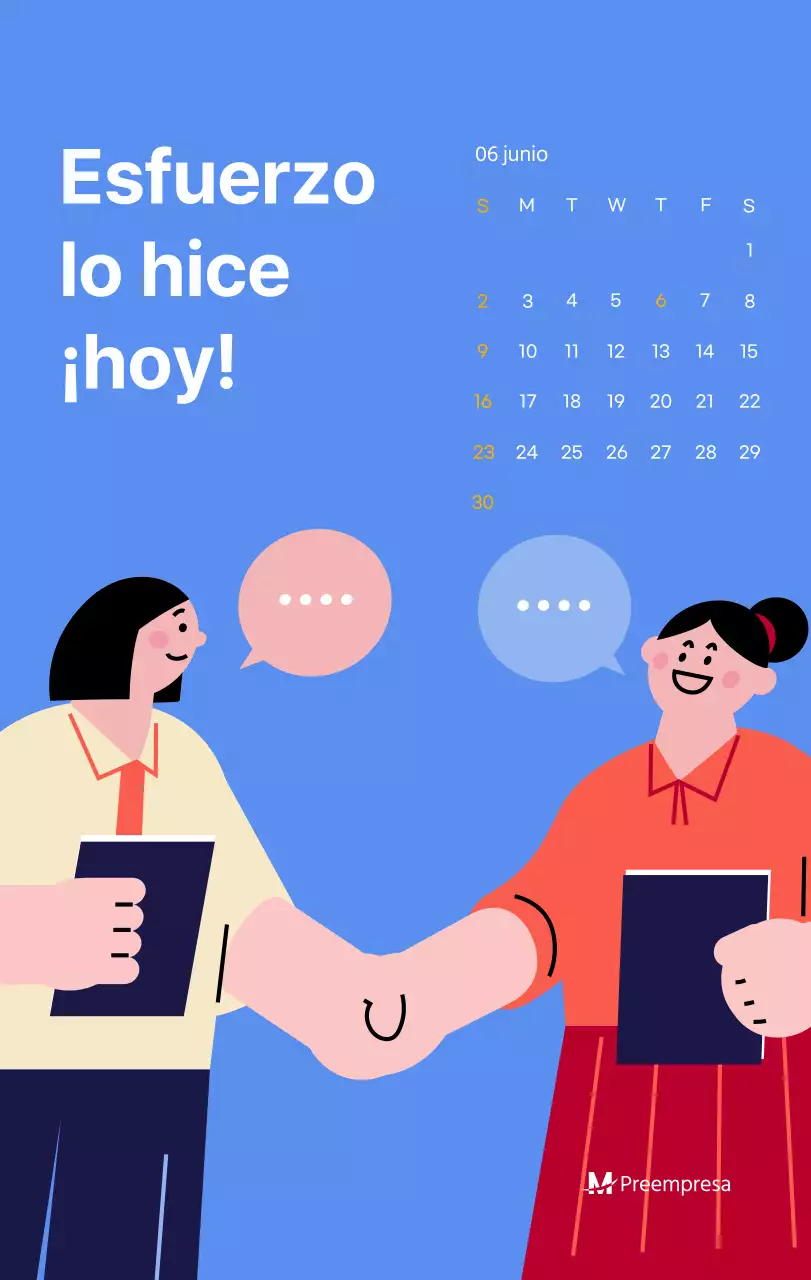 Calendario motivacional con ilustraciones llenas de energía y citas positivas sobre fondo azul claro