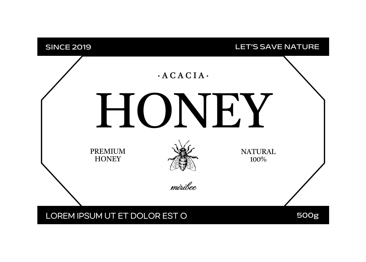 Label madu yang simpel dan vintage dengan ilustrasi lebah hitam dan putih
