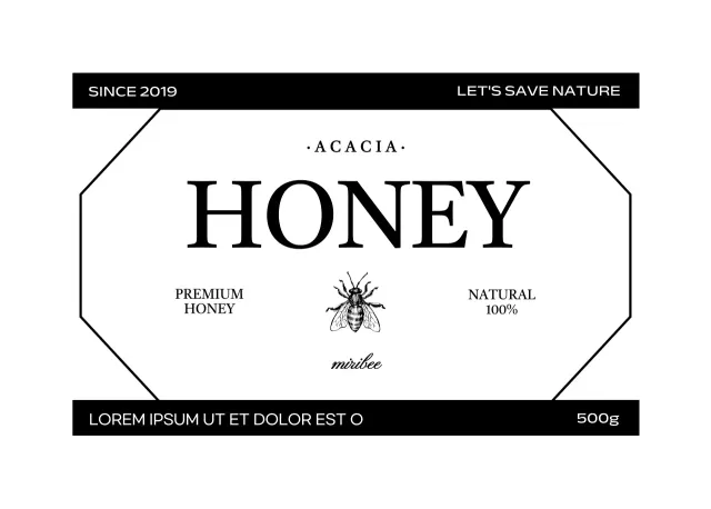 Label madu yang simpel dan vintage dengan ilustrasi lebah hitam dan putih