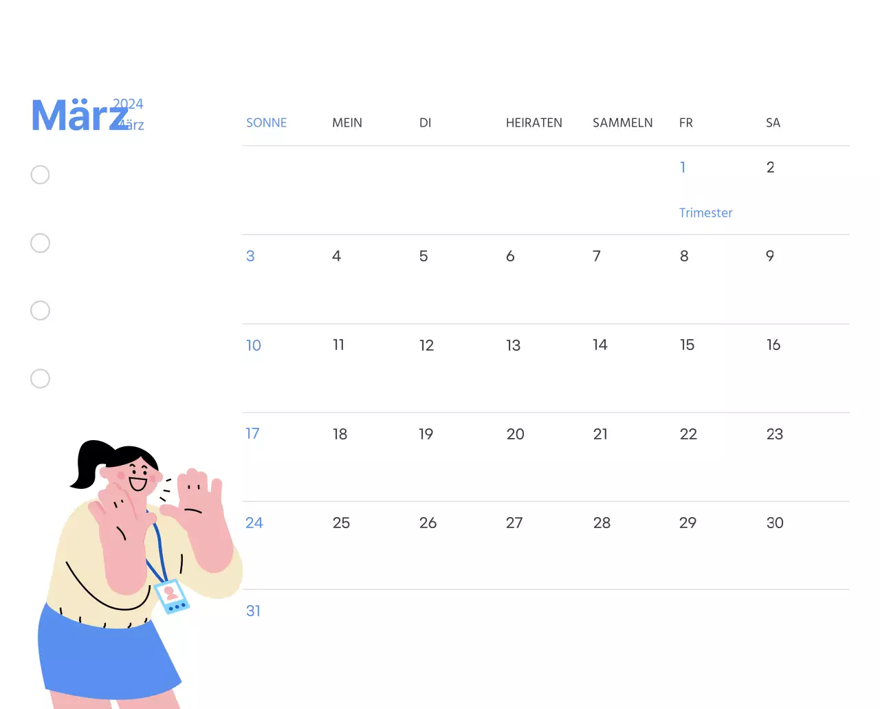 Motivationskalender mit energiegeladenen Illustrationen und positiven Zitaten auf hellblauem Hintergrund
