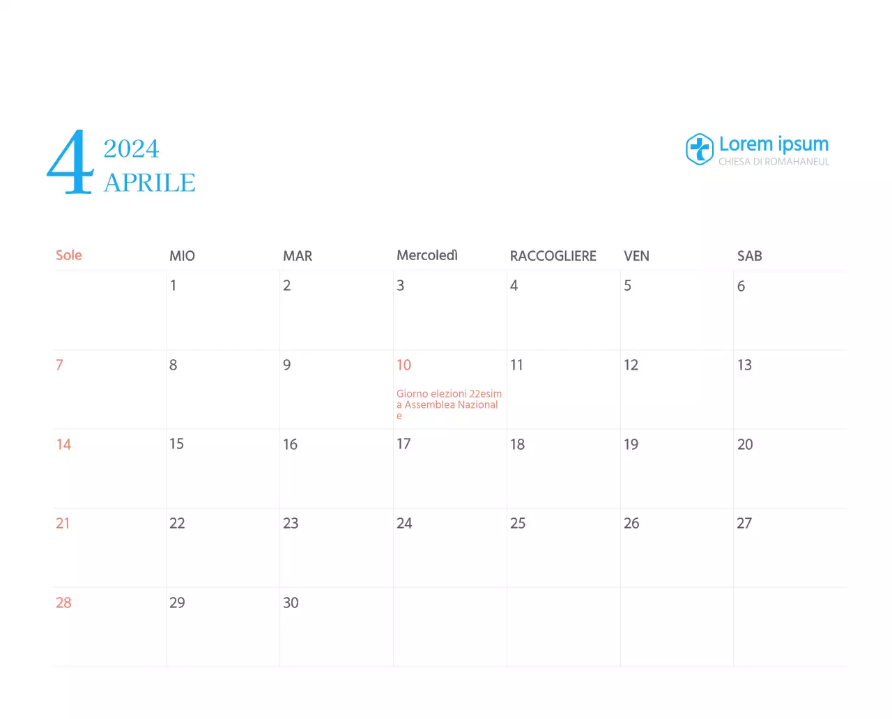 Calendario ecclesiastico blu di concezione moderna