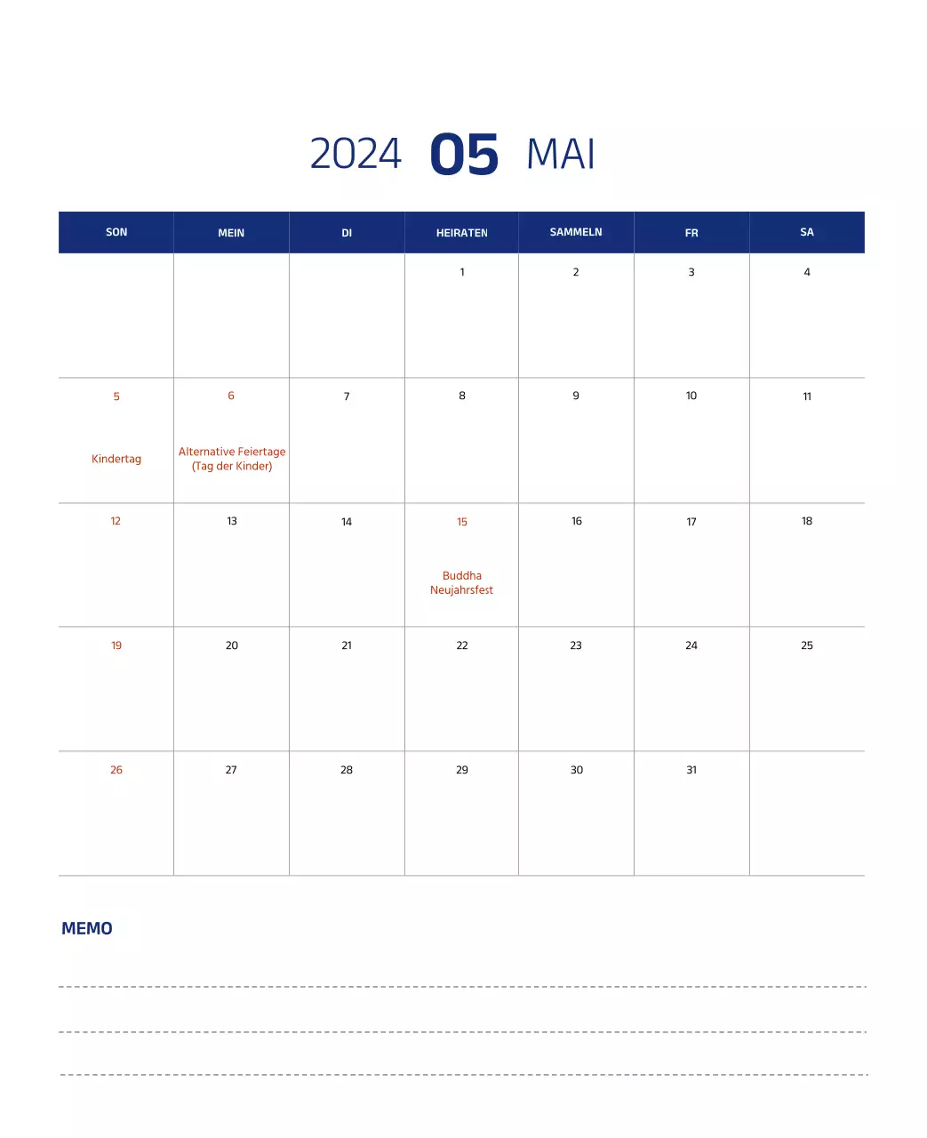 Einfacher Kalender mit klaren Illustrationen in Blau