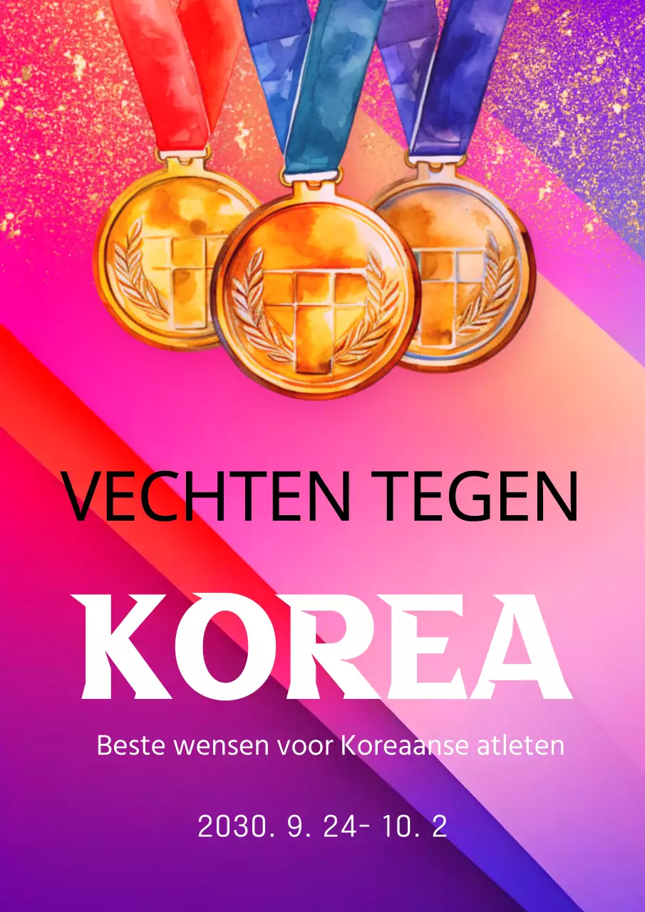 Een pop-art juichadvertentie voor de Aziatische Spelen in paars en roze