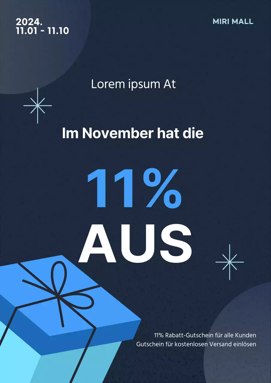 Hervorgehobene Zahlen November-Promotion mit einer Geschenkbox-Grafik mit blauen Farbpunkten auf marineblauem Hintergrund